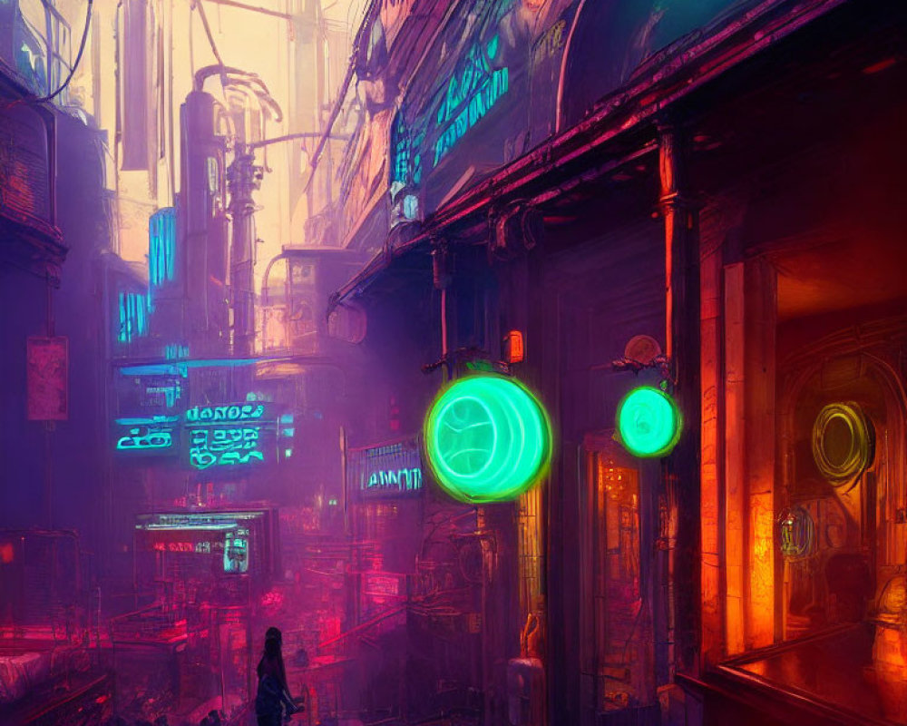 Cyberpunk-themed neon alleyway with glowing signs & solitary figure