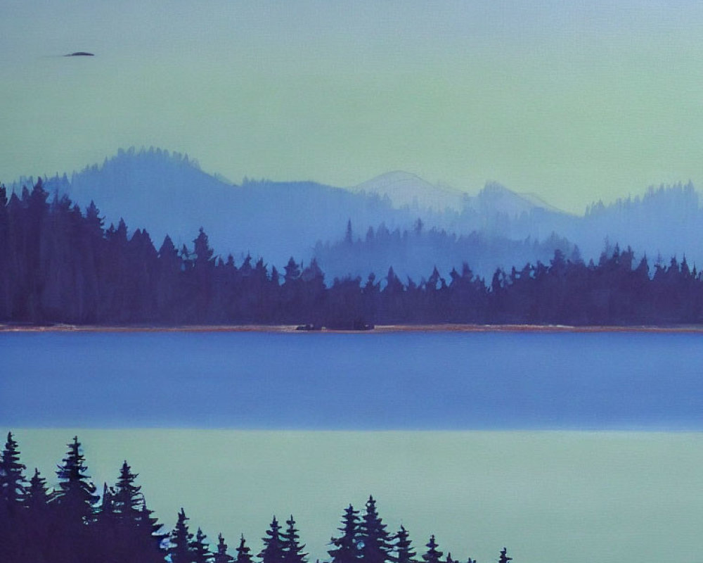 Tranquil landscape painting: pine forests, blue lake, misty mountains.