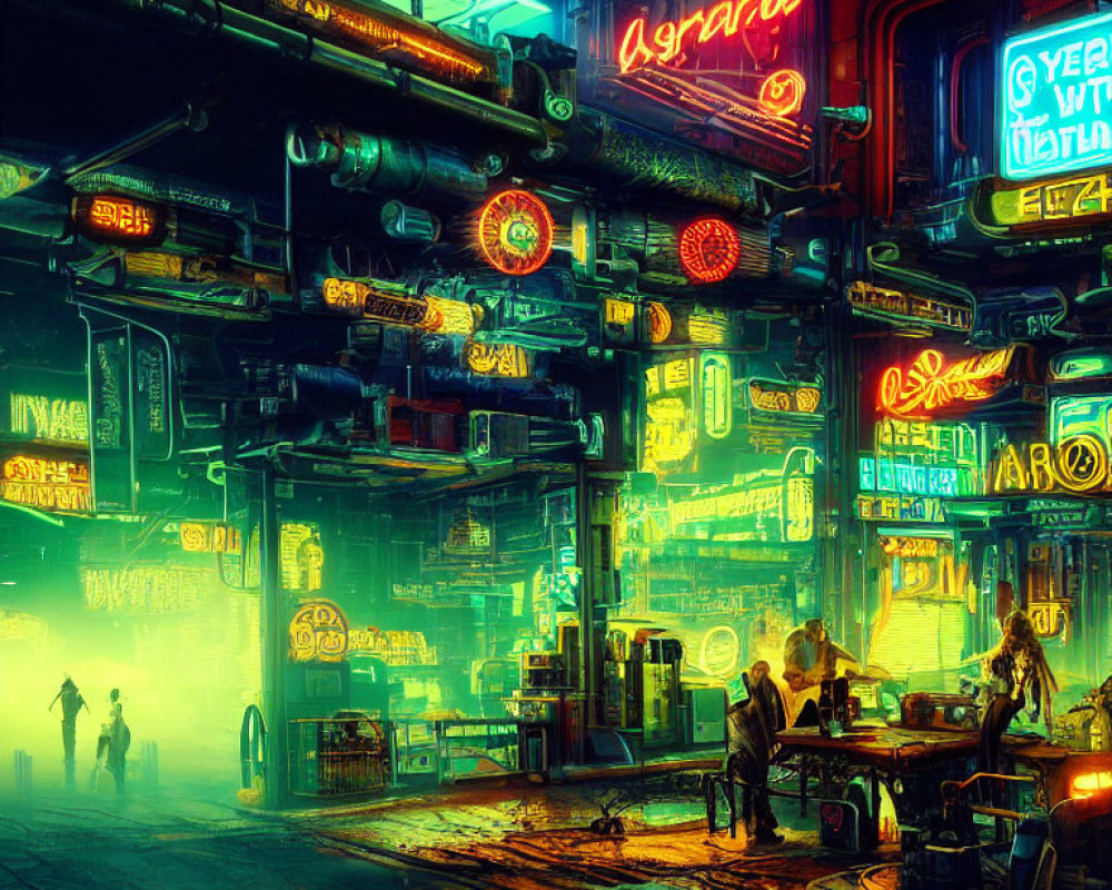 Vibrant cyberpunk streetscape with neon signs and bustling shops