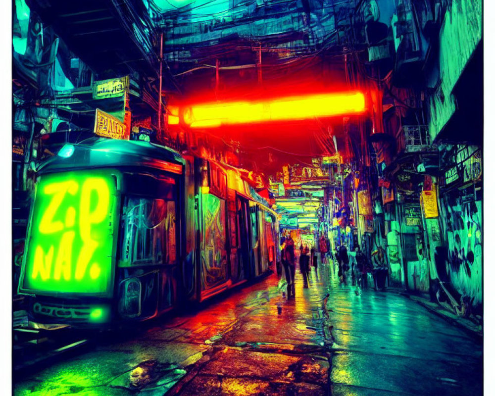 Vibrant neon-lit street scene with graffiti tram, wet pavement, and tangled power lines.