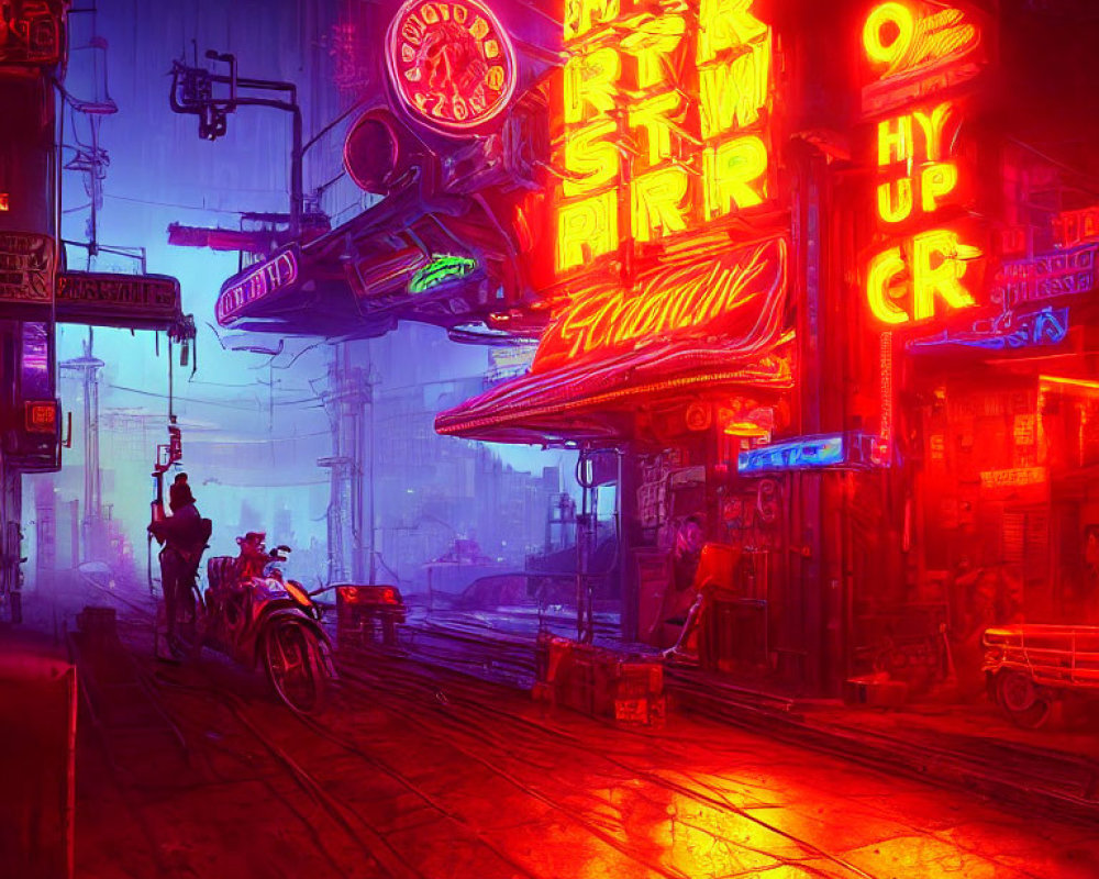 Neon-lit cyberpunk cityscape with hovering car and lone figure