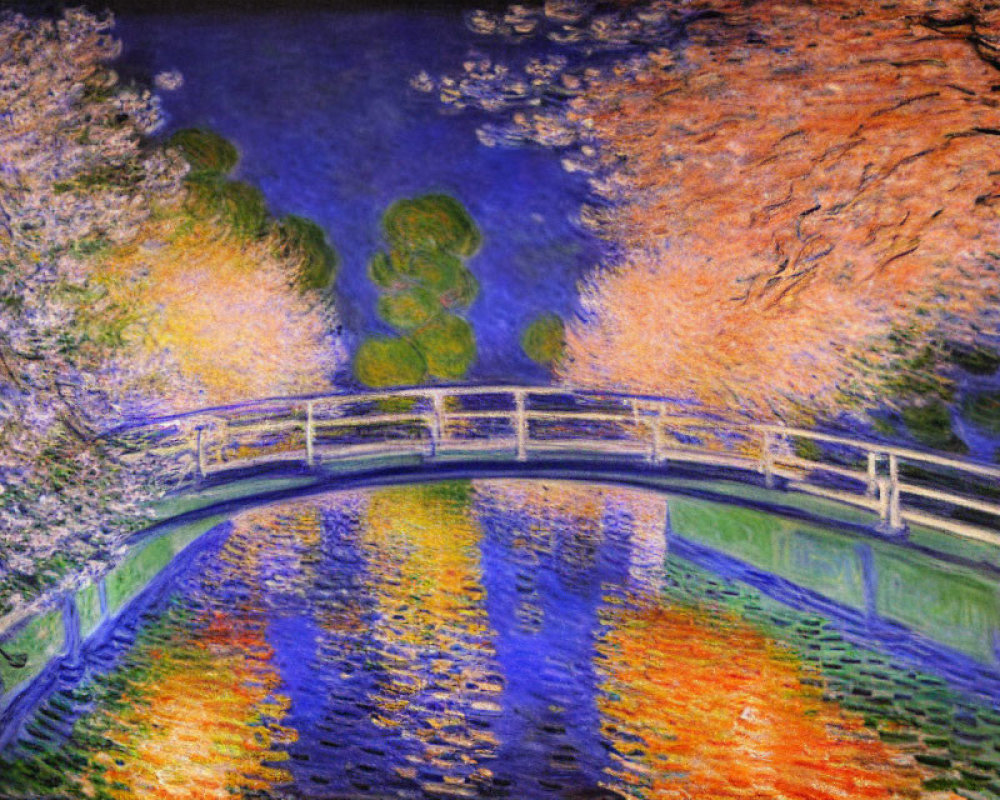 Impressionist-style painting of bridge over blue river with blooming trees in pink and orange hues.