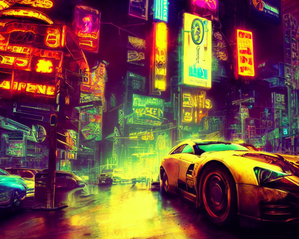 Futuristic neon cityscape with cyberpunk cars and vibrant signs