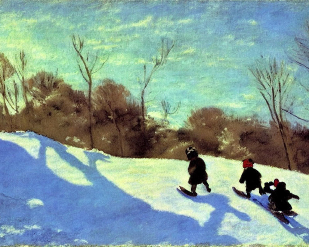 Impressionist painting of children sledding in snowy landscape