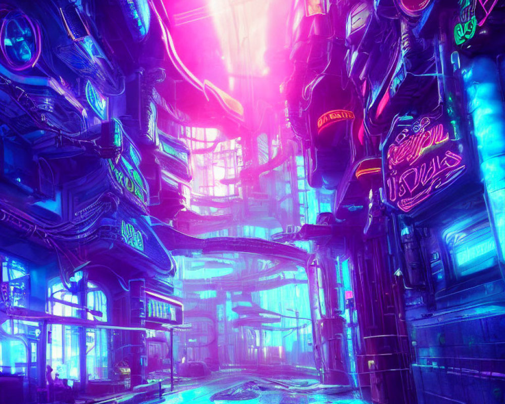 Futuristic neon-lit cityscape with sleek architecture and glowing signs