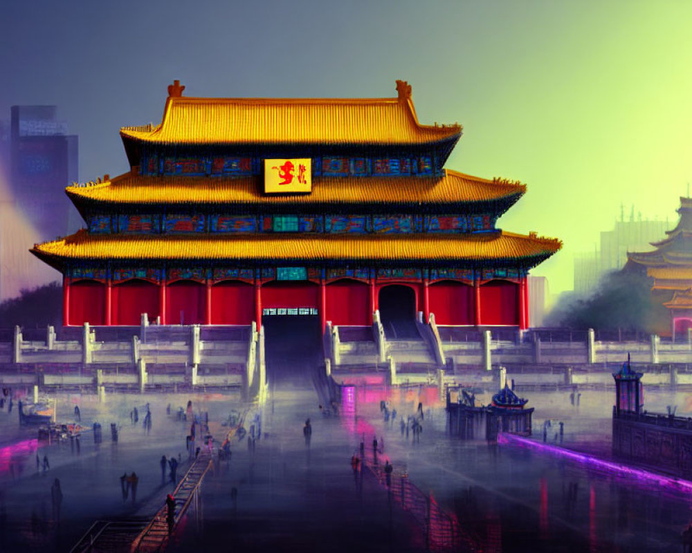 Ancient Chinese architecture illuminated at dusk with crowds and vibrant lights