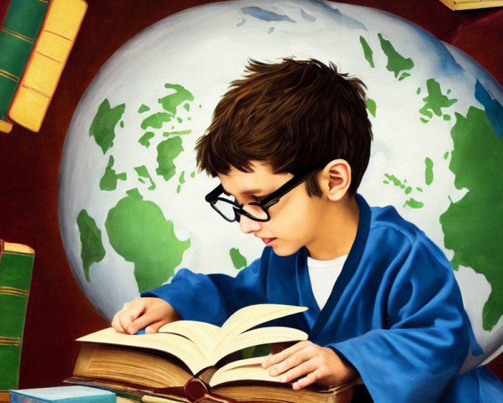 Child reading book in front of world map backdrop with colorful books nearby