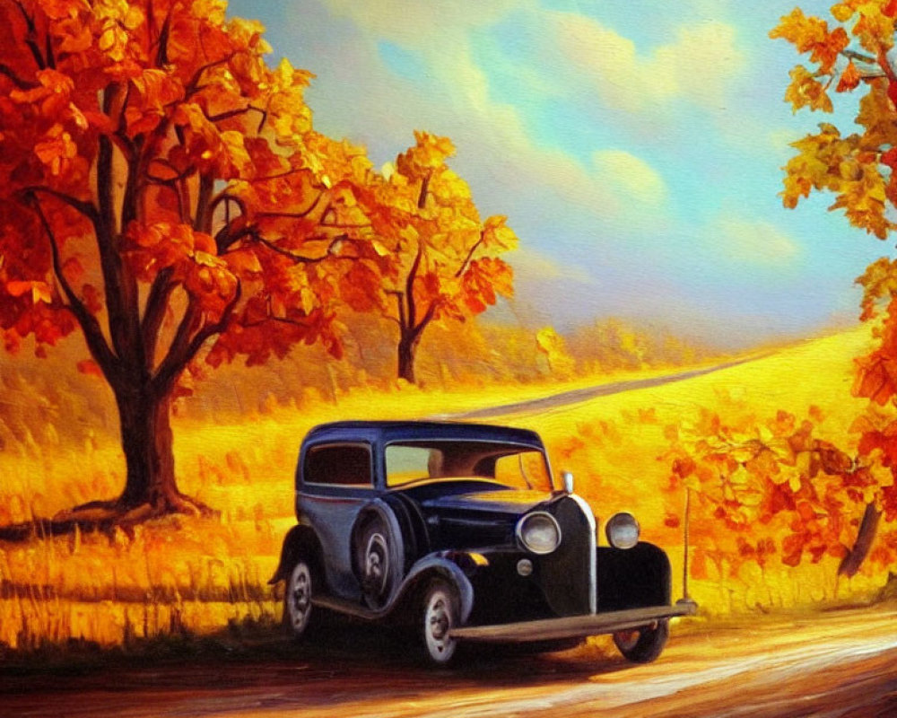 Vintage car on autumn road with vibrant trees at sunset.