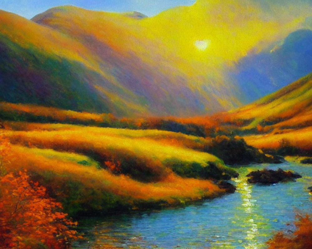 Vibrant painting of lush valley at sunset with autumn colors