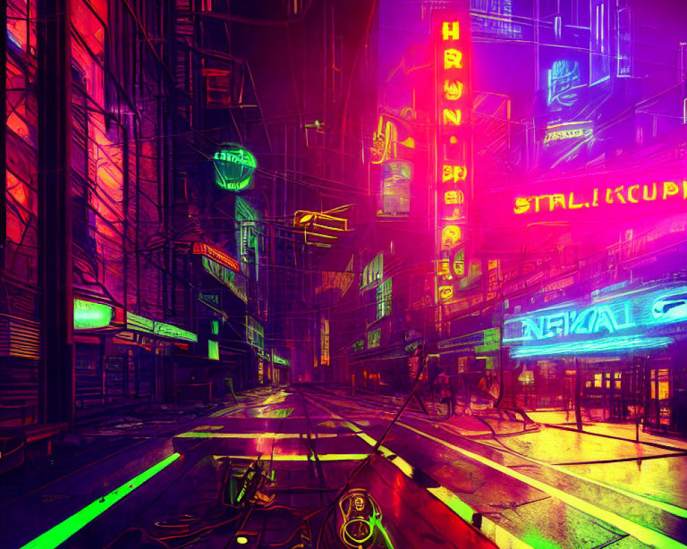 Neon-lit futuristic cityscape with cyberpunk aesthetics