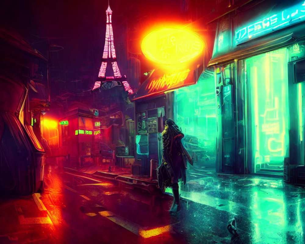 Futuristic cyberpunk street scene with neon signs and illuminated Eiffel Tower