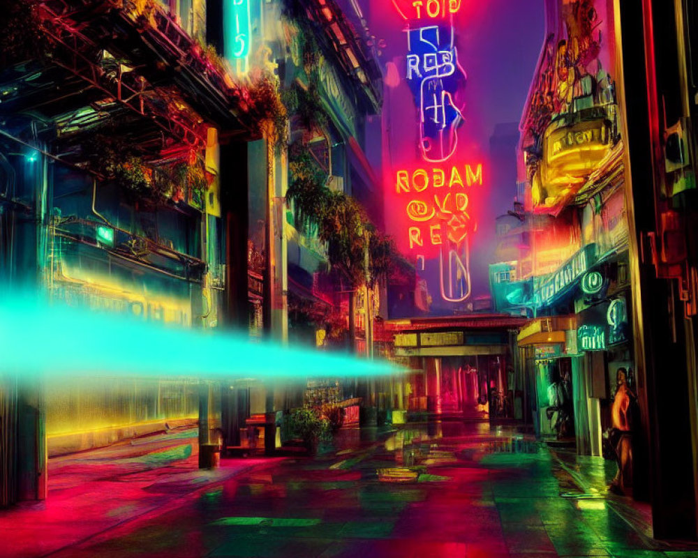 Colorful neon-lit street scene at night with surreal ambiance