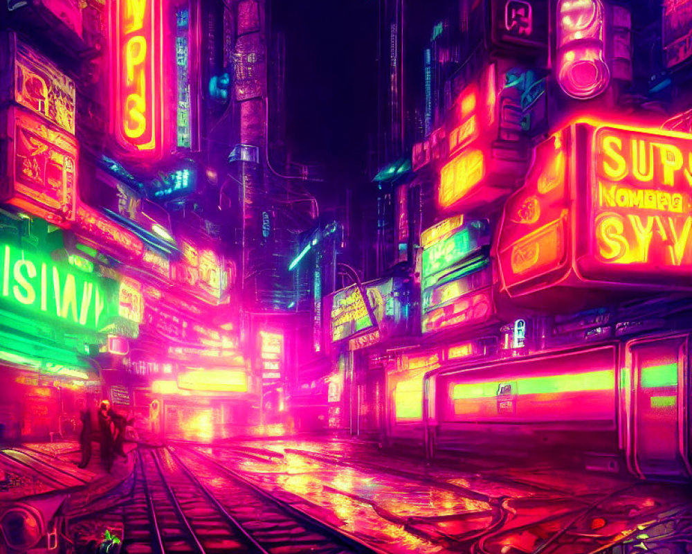 Futuristic cyberpunk cityscape with neon signs and glowing train track