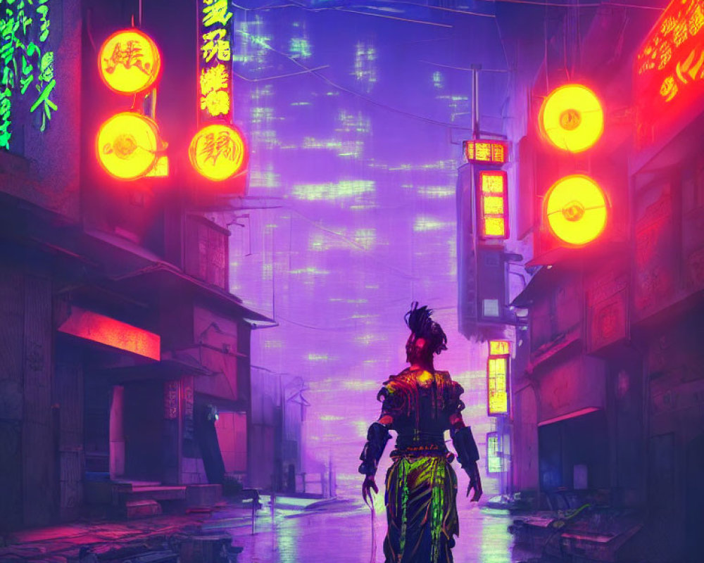 Elaborately dressed person in neon-lit futuristic alley with glowing signs