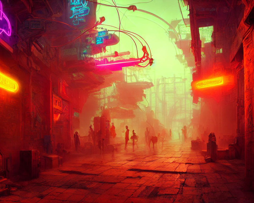 Neon-lit cyberpunk alleyway with futuristic cabling and silhouettes.