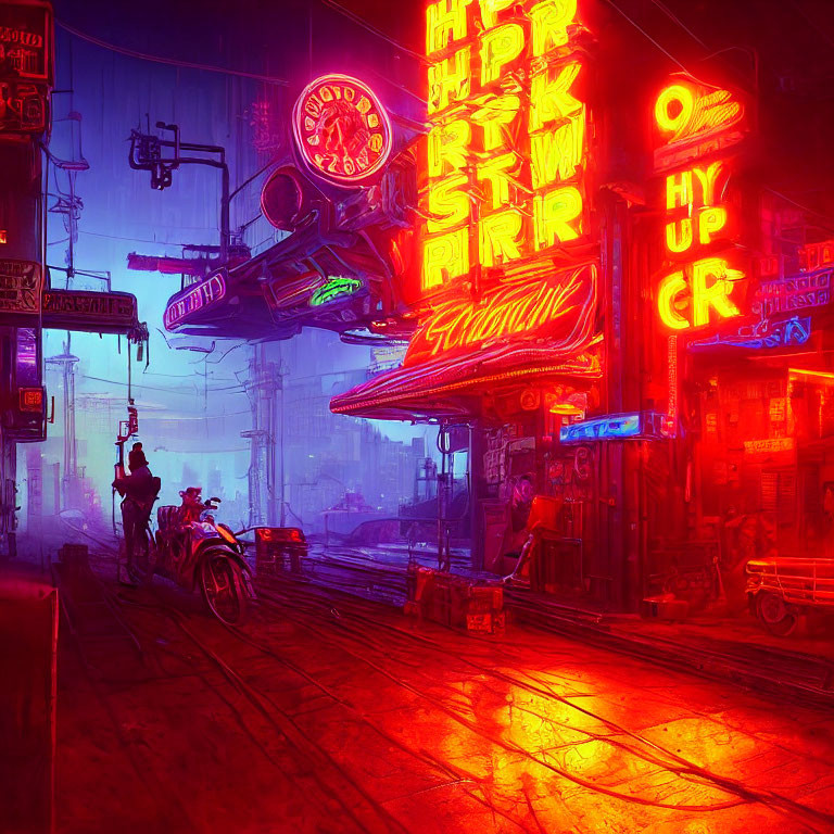 Neon-lit cyberpunk cityscape with hovering car and lone figure