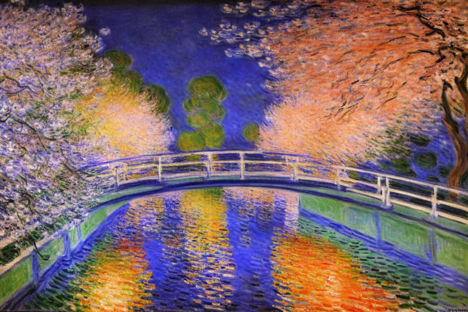 Impressionist-style painting of bridge over blue river with blooming trees in pink and orange hues.