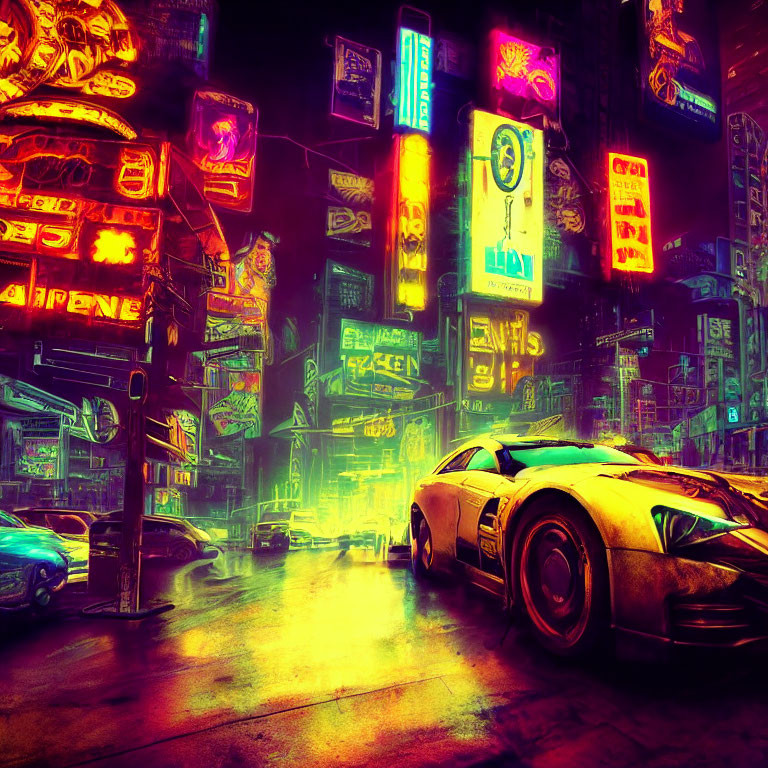 Futuristic neon cityscape with cyberpunk cars and vibrant signs