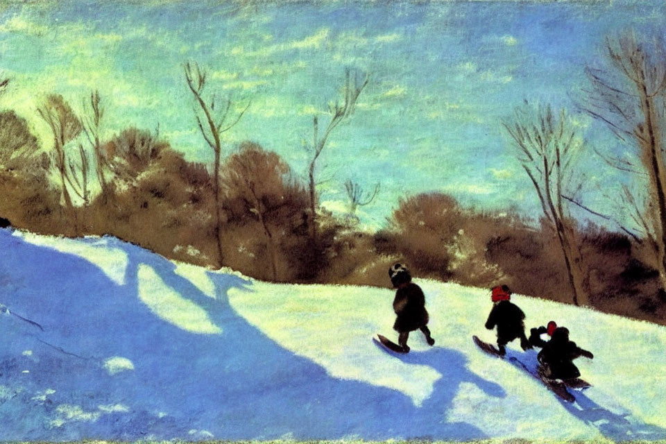 Impressionist painting of children sledding in snowy landscape