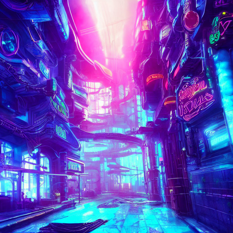 Futuristic neon-lit cityscape with sleek architecture and glowing signs