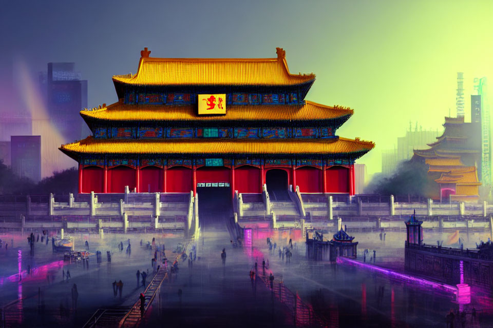 Ancient Chinese architecture illuminated at dusk with crowds and vibrant lights