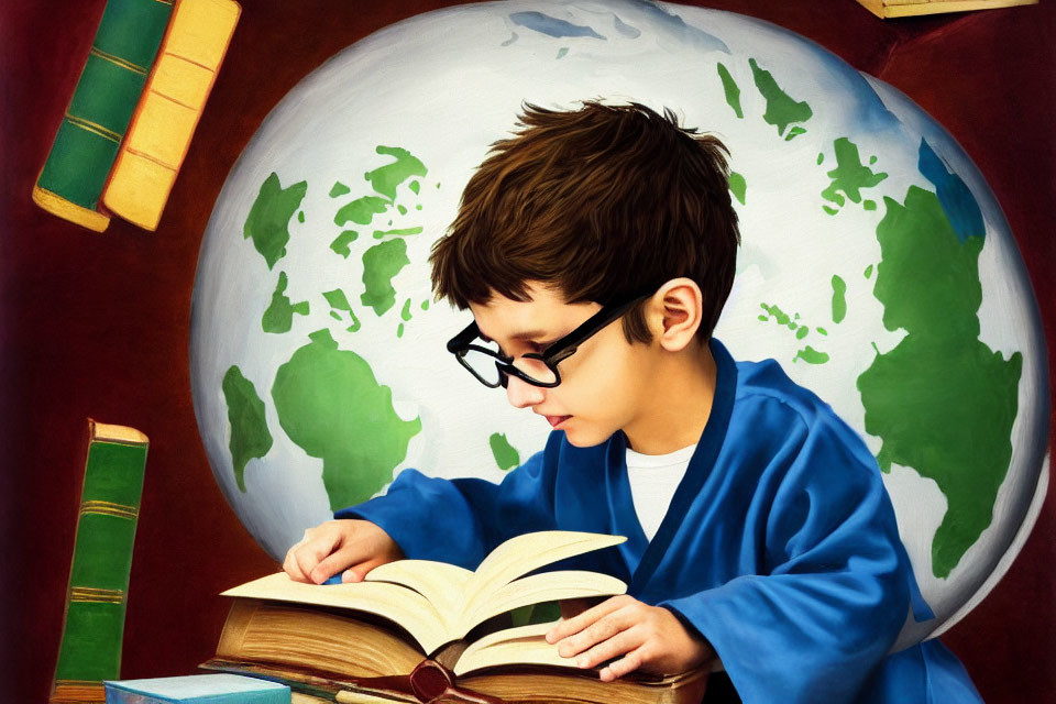 Child reading book in front of world map backdrop with colorful books nearby