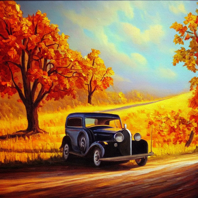 Vintage car on autumn road with vibrant trees at sunset.