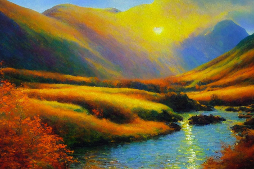 Vibrant painting of lush valley at sunset with autumn colors