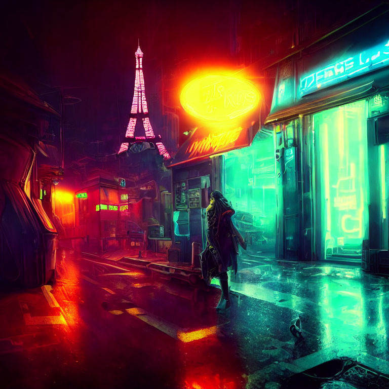 Futuristic cyberpunk street scene with neon signs and illuminated Eiffel Tower