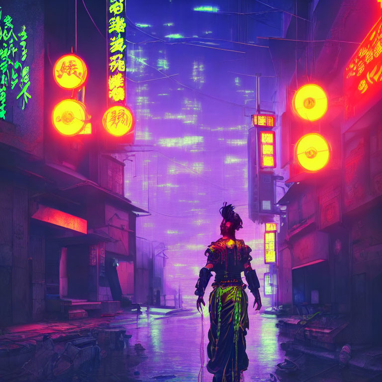 Elaborately dressed person in neon-lit futuristic alley with glowing signs