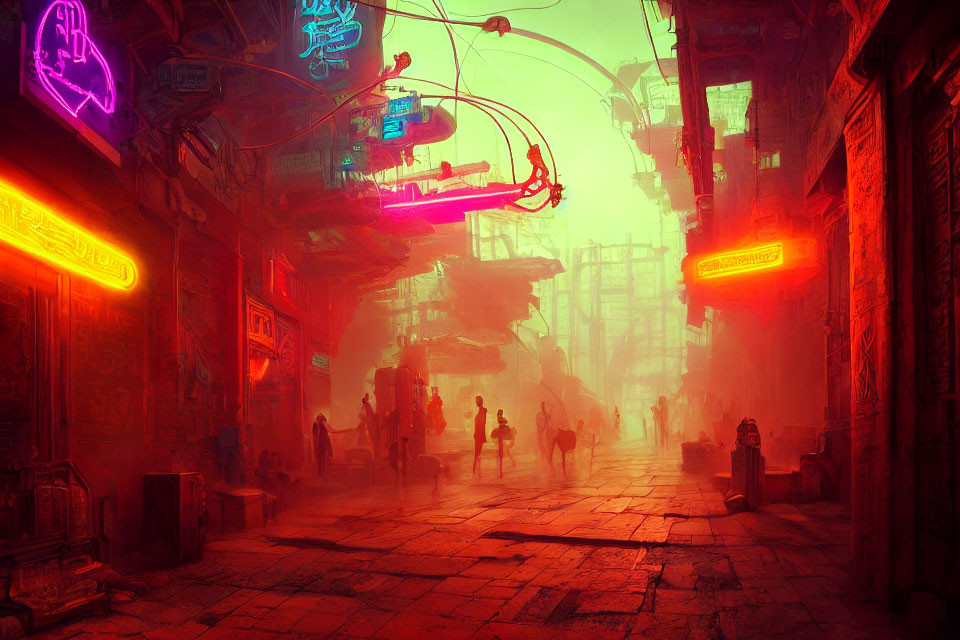 Neon-lit cyberpunk alleyway with futuristic cabling and silhouettes.