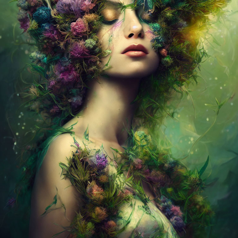 Person with closed eyes surrounded by vibrant flowers and mystical green ambiance