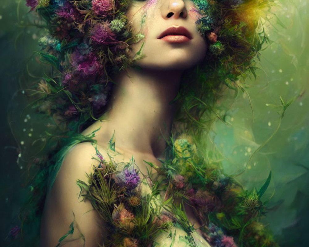 Person with closed eyes surrounded by vibrant flowers and mystical green ambiance