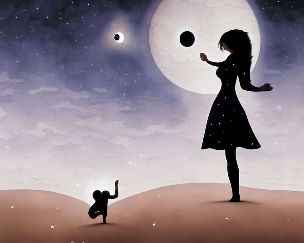 Silhouetted figure reaching out to giant moon in starry landscape