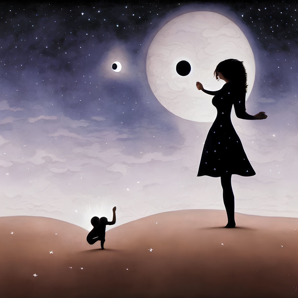 Silhouetted figure reaching out to giant moon in starry landscape