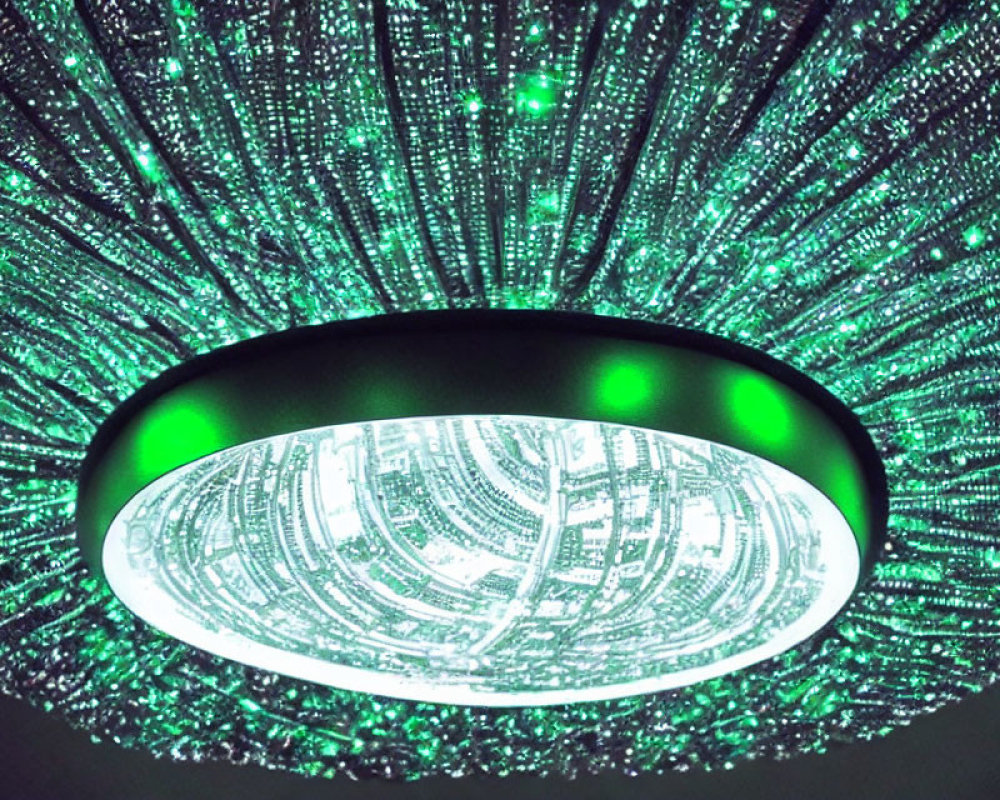 Circular modern chandelier with green star-like lights on ceiling.