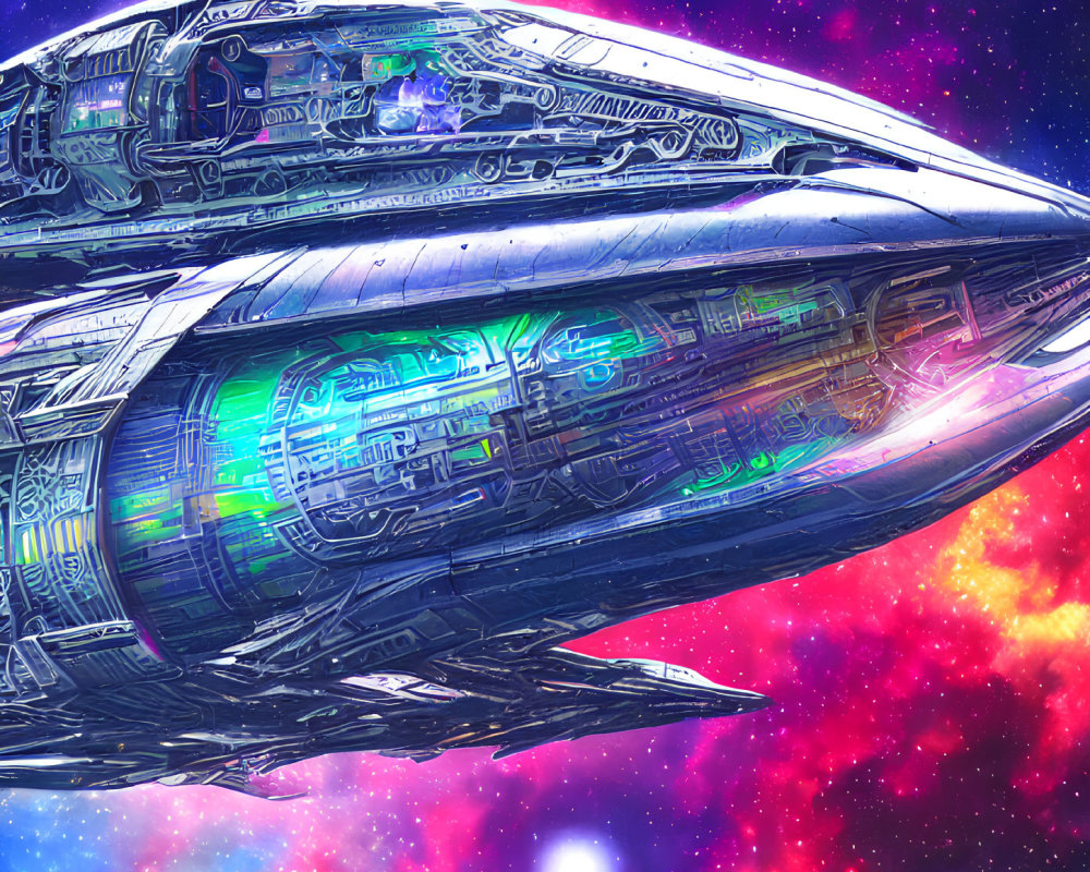 Detailed futuristic spaceship in vibrant nebulae and stars.