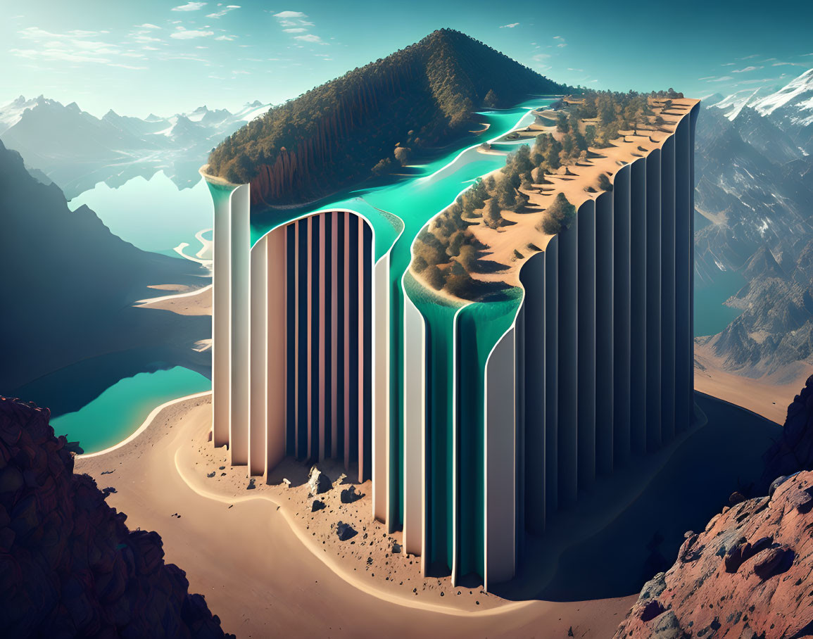 Surreal landscape with natural and geometric elements, river flowing down vertical pillars