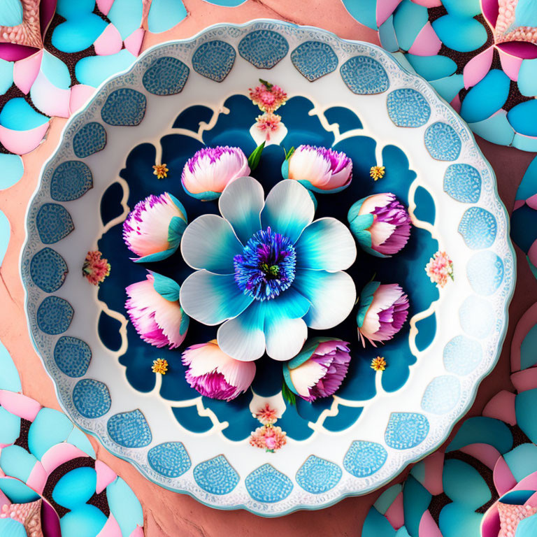 Floral Kaleidoscopic Design Plate in Blue and Pink on Coral Background