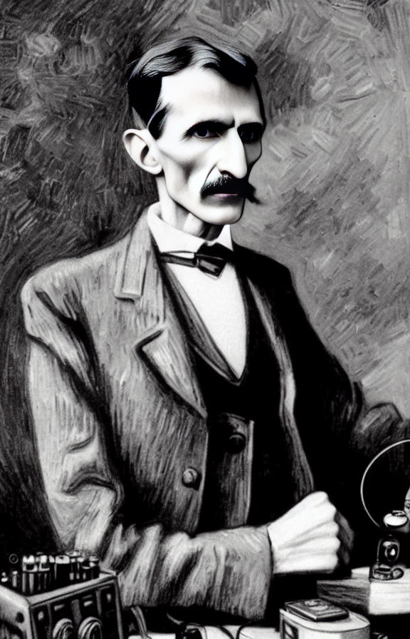 Monochromatic illustration of a mustached man in a suit at a vintage desk