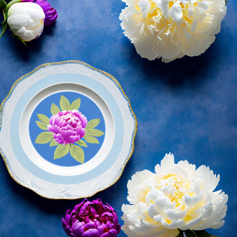 White and Patterned Plates with Blue Background and Peonies