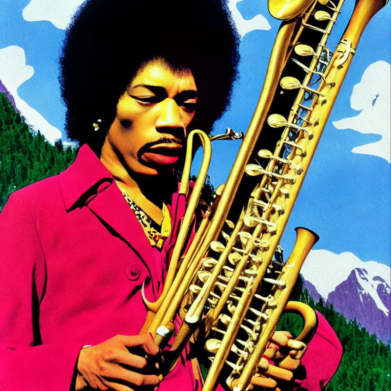 Afro person playing saxophone in pink jacket with mountain backdrop