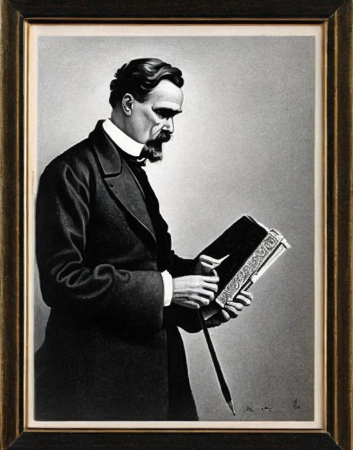 Monochrome portrait of bearded man in suit with open book, framed on wall