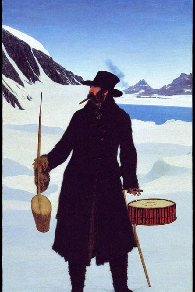 Person in Long Coat and Hat with Staff and Drum on Snowy Mountains