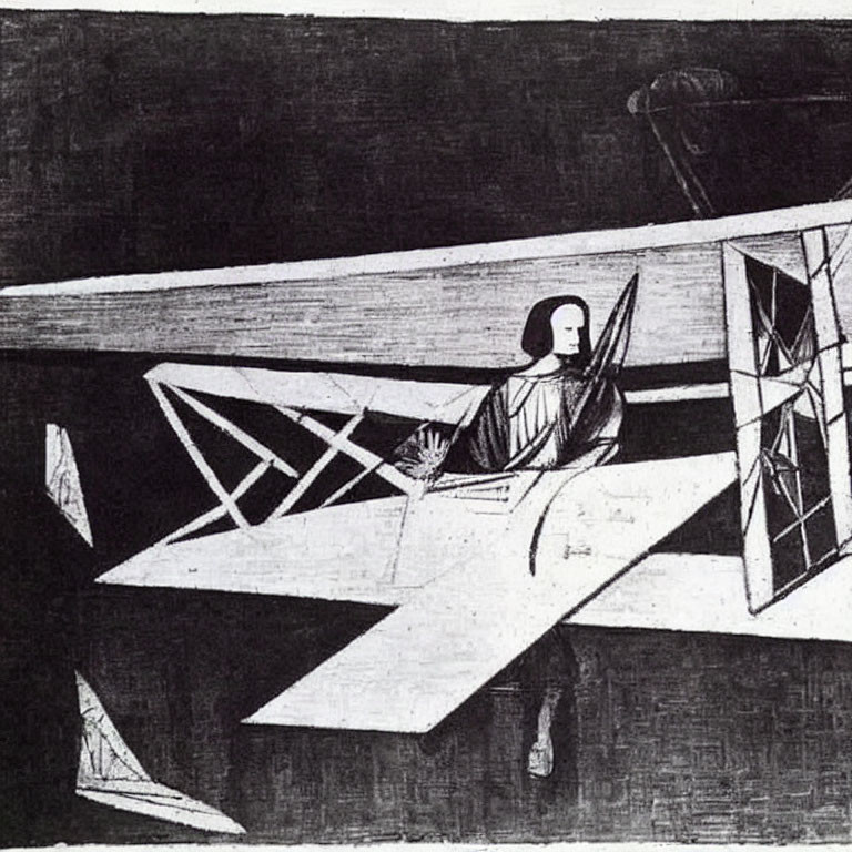 Monochrome modernist art: Stylized figure in abstract airplane cockpit