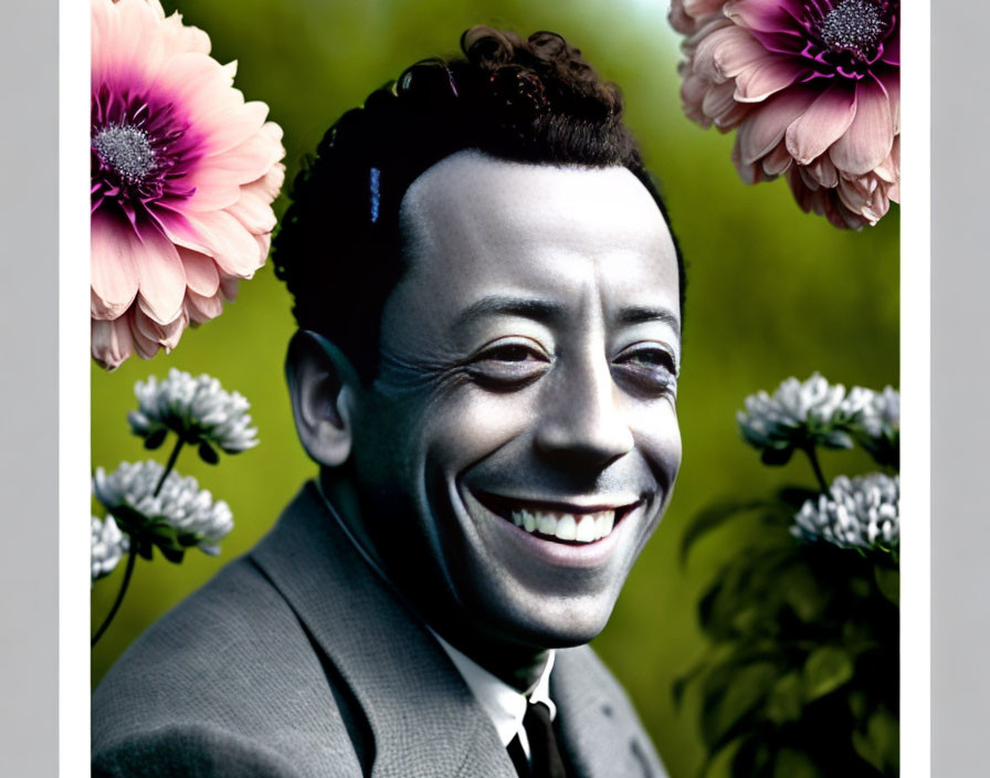 Greyscale-skinned man surrounded by vibrant flowers