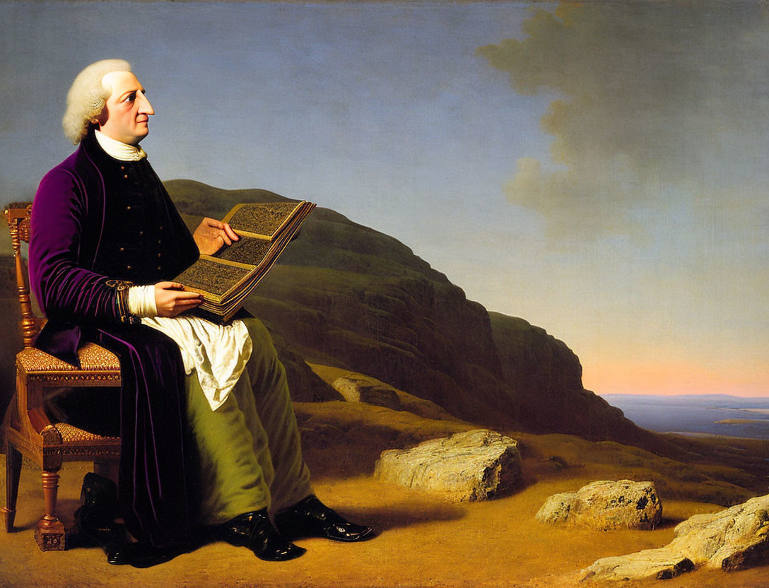 18th-Century Man Outdoors with Book and Mountain Sunset