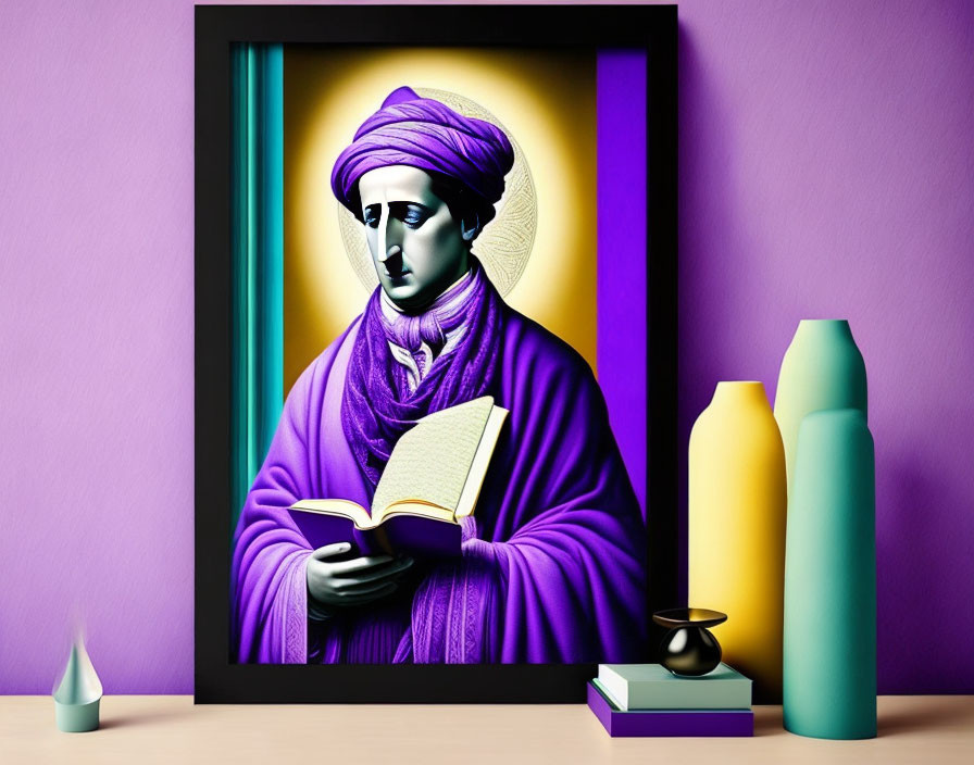 Stylized portrait of figure in purple robes with halo and book on shelf