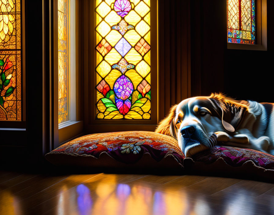 Colorful Pillow Dog Resting by Window with Vibrant Stained Glass