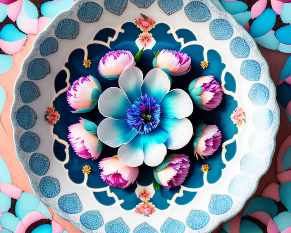 Floral Kaleidoscopic Design Plate in Blue and Pink on Coral Background